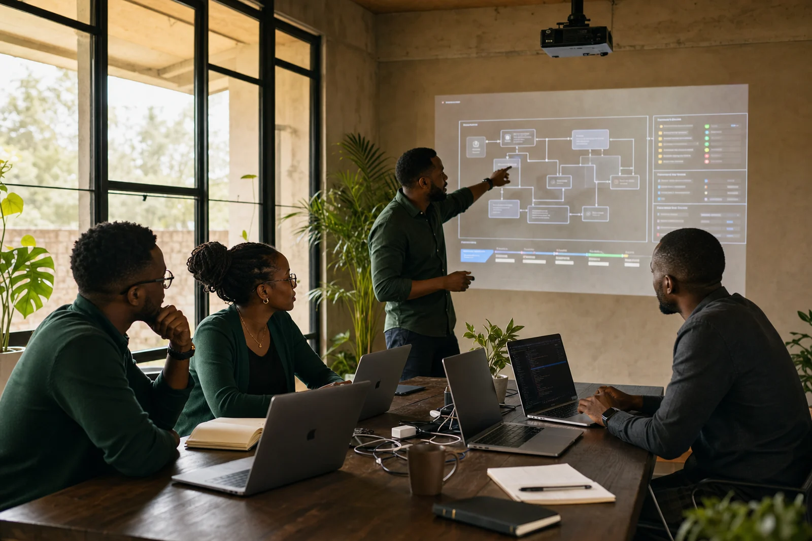 Software developers coordinating a system build using laptops and a projected architecture