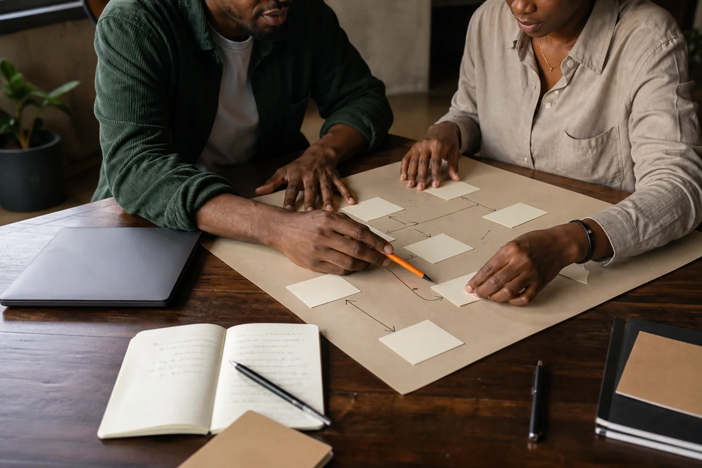 A team mapping a business workflow on paper